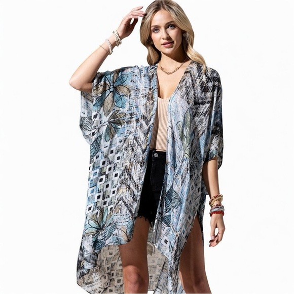 Blue Floral Multi Kimono Cover-Up Wrap Sarong Scarf OSFM - Picture 1 of 8